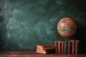 Classic books and globe displayed on a wooden table against a green chalkboard background photo