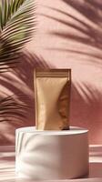 A brown kraft bag displayed on a white pedestal against a pastel pink background with shadows photo