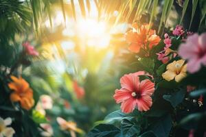 Vibrant hibiscus flowers bloom in a tropical garden illuminated by golden sunlight photo