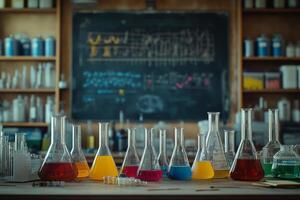 Colorful laboratory flasks arranged on a wooden table in a chemistry lab during daylight hours photo
