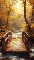 Serene wooden bridge over a stream surrounded by autumn foliage in a tranquil forest photo
