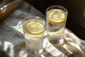 Refreshing lemonade served with lemon slices on a soft fabric surface in afternoon light photo