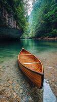 Calm wooden canoe resting on clear water surrounded by lush trees in a tranquil setting photo