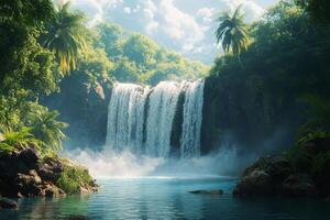 Majestic waterfall cascading into a serene pool surrounded by lush tropical foliage photo