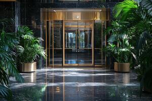 Elegant entrance of a modern building featuring lush plants and polished floors during daylight photo