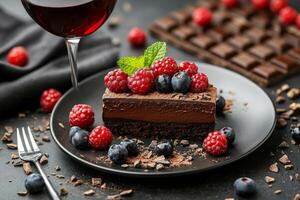 Decadent chocolate cake served with fresh berries and a glass of red wine on a dark table photo