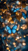 Blue butterflies flutter among glowing lights in a serene garden at twilight photo