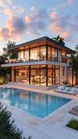 Stunning modern home by the poolside at sunset in a serene residential neighborhood photo