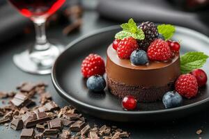Decadent chocolate cake served with fresh berries and a glass of red wine on a dark table photo