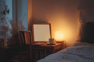 A cozy bedroom corner featuring a wooden bedside table with a cup and a vase in warm morning light photo