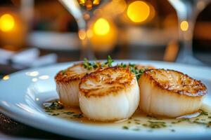 Deliciously seared scallops served on a white plate in a soft candlelit restaurant setting photo