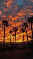 Vibrant sunset with palm trees silhouetted against a colorful sky in a tropical setting photo