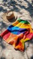 Colorful towel and sunhat on the sandy shore under sunlight on a summer afternoon photo