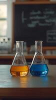 Two glass flasks containing colorful liquids on a wooden table in a classroom during the day photo