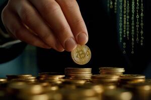 Close up of hand placing a Bitcoin on stacked coins, representing cryptocurrency investment concepts photo
