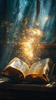 An open book emits glowing particles in a mystical setting with sunlight filtering through photo