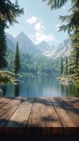 Tranquil lake surrounded by mountains and trees during a sunny day in a serene setting photo