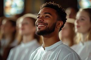 Joyful expressions during a community gathering in a warmly lit venue at sunset photo