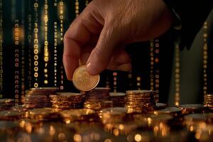 Close up of hand placing a Bitcoin on stacked coins, representing cryptocurrency investment concepts photo