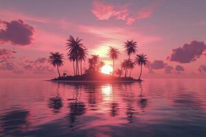 Colorful sunset over a small tropical island with palm trees reflecting on the water photo