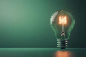 A vintage light bulb illuminated on a green surface beside a plant in soft morning light photo