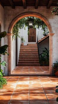 Bright hallway with elegant staircase and natural light in a modern home setting photo