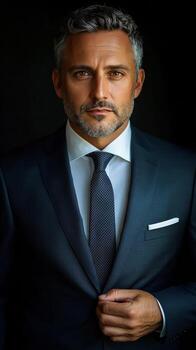 Man in a tailored suit poses confidently against a dark background in a stylish indoor setting photo