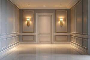 Elegant interior of an empty hallway with ornate wall decorations at soft lighting photo