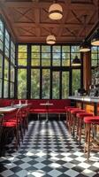 Cozy cafe interior with red chairs and large windows overlooking a vibrant street view photo