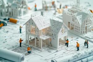 Construction simulation with miniature models and blueprints on a work table photo