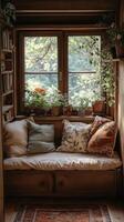 Cozy indoor seating area with natural light and plants in a serene home environment photo