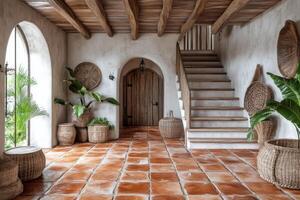 Bright and inviting entrance hall with rustic stairs and natural light in a cozy home photo