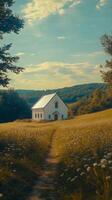 A serene church nestled in a golden meadow under a clear sky in the countryside photo