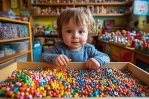 A young child enjoys colorful beads in a creative playroom filled with toys during daytime photo