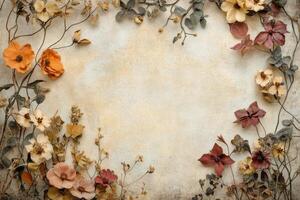 Decorative arrangement of dried flowers against a textured vintage background photo