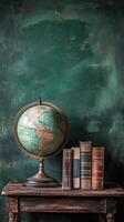 Vintage globe on a wooden table next to a stack of aged books against a textured green backdrop photo