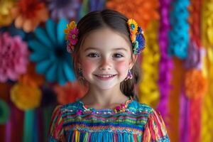 Young girl in colorful traditional attire smiles against a vibrant floral backdrop at a festival photo