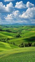 Lush green hills and rolling fields under a bright blue sky in a vibrant countryside landscape photo