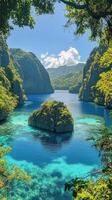 Serene turquoise water surrounded by lush greenery and mountains on a bright sunny day photo