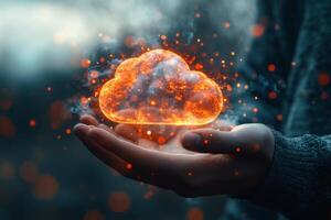 A glowing orb held in palm with cloud patterns emitting vibrant light in a misty urban background photo