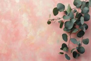 Elegant green eucalyptus leaves on a branch against a soft pastel background photo