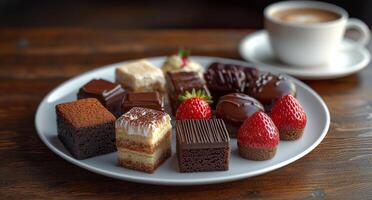 Delicious assortment of desserts featuring chocolate and strawberries on a decorative plate photo