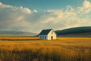 A solitary white house stands in a golden field under a dramatic sky at sunset photo