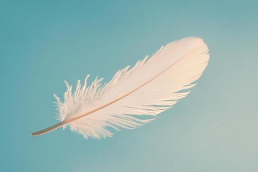 A delicate white feather floating gently above calm water at dawn, surrounded by soft clouds photo