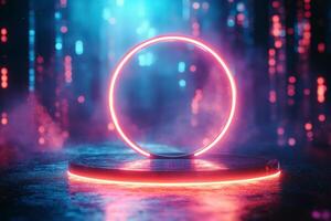 A vibrant neon circle illuminated in a reflective setting during a night scene photo