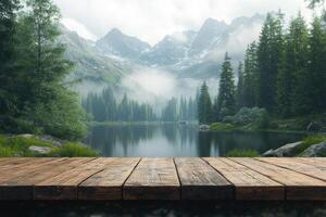 Tranquil lake surrounded by mountains and trees in a serene natural setting during daylight photo