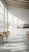 Bright and airy modern caf interior with wooden furniture and large windows during the day photo