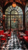 Cozy cafe interior with red chairs and large windows overlooking a vibrant street view photo