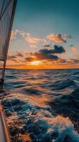 Sailing into the sunset over tranquil waters with colorful reflections photo