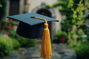 Black graduation cap with yellow tassel displayed indoors highlighting academic achievement photo
